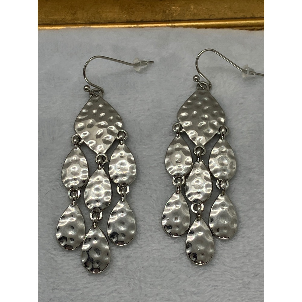 Silver Tone Hammered Teardrop Chandelier Dangle Earrings Boho Statement Artsy
